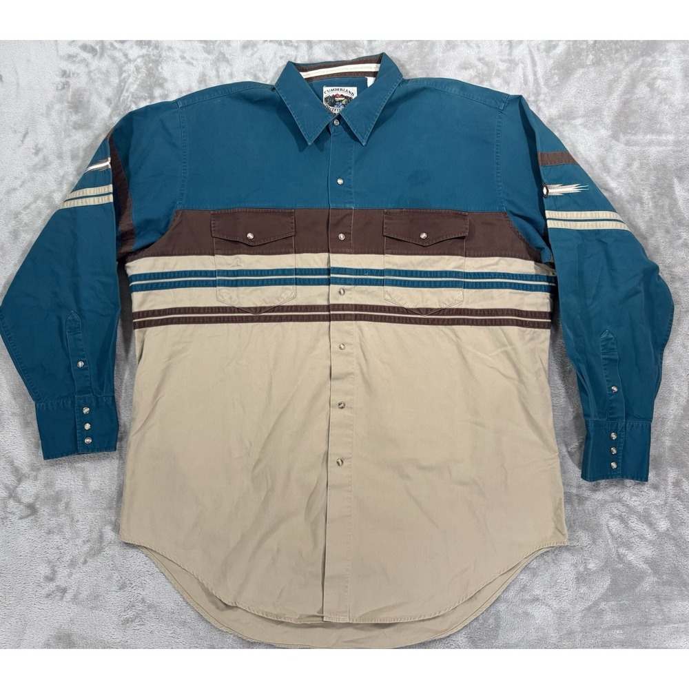 Cumberland Outfitters Shirt Mens XXL Blue Brown Striped Pearl Snap Aztec Western
